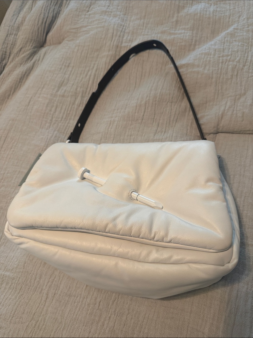 Off-White Padded Leather Shoulder Bag with Black Strap